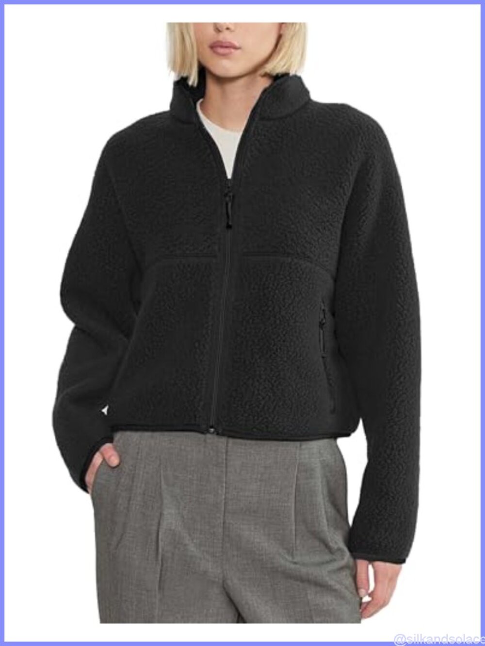 Women's Full Zip Sherpa Fleece Jacket Stand Collar Zip Pockets Casual Coat